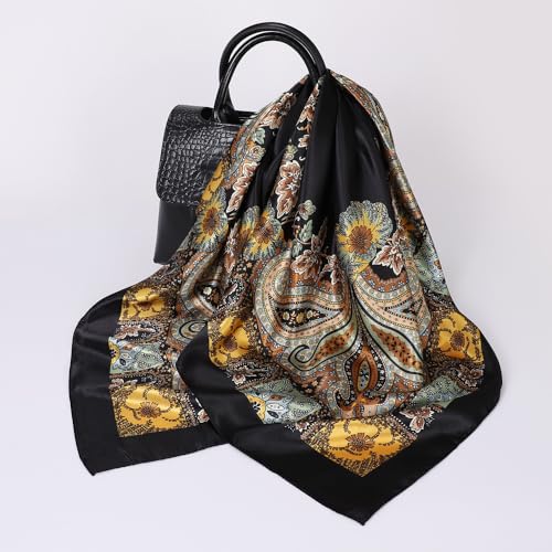 Women Head-Scarf Silk-Feeling-Scarf Hair Scarf Boho-Print Bandanas 35 Inches Square - color: Black