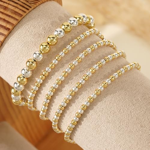 Gold Bracelets for Women Stackable 14K Gold Silver Plated Beaded Bracelets Stack Elastic Stretch Non Tarnish Bead Ball Stack Stretch Adjustable Dainty Jewelry Trendy Prom Gifts for Women - color: Gold and silver