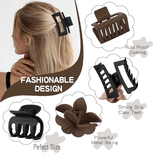 8 Pcs Neutral Matte Hair Claw Clips Set, Strong Hold Non-Slip Jaw Clips for Women Girls, Rectangle & Flower Design Hair Clips for Thick/Thin Hair, Daily & Styling Accessories（Black） - color: Black