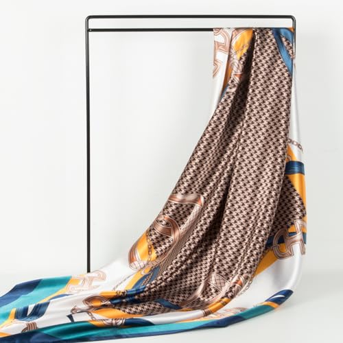 RIIQIICHY Head Scarf for Women Like Silk Scarf Hair Scarf Printed Square Scarf Bandanas for Women 35 Inches - color: Navy/Turquoise/Tan