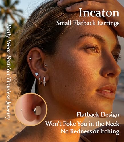 Incaton Hypoallergenic Flat Back Earrings for Women Silver 14K Gold Plated Surgical Stainless Steel Stud Earrings Cubic Zirconia Cartilage Studs Earrings For Multiple Piercing Sensitive Ears - color: 2-SILVER