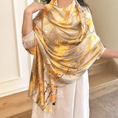 Long Silk Like Scarf Lightweight Satin Scarves Large Sunscreen Shawl Wrap for Women - color: 021.flowers Yellow