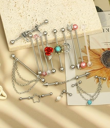 Suotarn 14G Industrial Piercing Jewelry For Women Men Stainless Steel 38 Industrial Barbell Long Cartilage Helix Conch Earrings Stud 14G Gauges Industrial Jewelry Butterfly Heart Cool 7-18pcs - color: mix color 15pcs