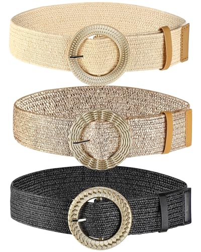 WILLBOND 3 Pcs Women Straw Stretch Belt Elastic Rattan Belts Straw Boho Raffia Belts for Ladies Woven Waist Belt for Dresses - size: Medium, style: Retro Style