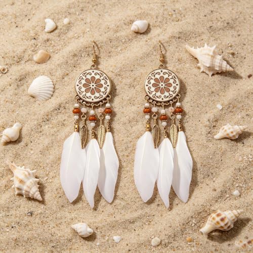 Boho Turquoise Drop Earrings Retro Long Copper Feather Tasse Metal Leaf Dangle Earrings Vintage Country Western Jewelry Cowgirl Ethnic Style Geometric Concert Festival Accessories for Women - color: Beige