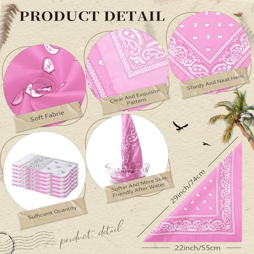 Suhine 12 Pcs Bandanas Bulk for Women Men 22 x 22 Inch Paisley Headband Cowboy Handkerchief Summer Beach Party Costume - color: Pink and White