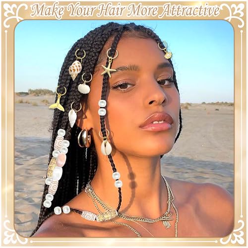 NAISKA 58PCS Seashell Hair Jewelry for Braids Gold Starfish Loc Charms Vintage Hair Beads Dreadlock Long Tube Beads for Hair Pearl Braid Pendent 15 Styles Braids Accessories for Women Girls - color: Pink&White&Gold