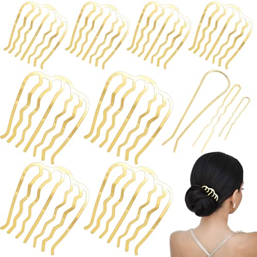 11 Pieces Hair Side Combs Metal Hair Fork Clip French Twist Comb Updo Hair Stick, U-Shape Teeth Styling Tools Messy Bun Maker Vintage Hairstyle Pins Accessories for Women and Girls (Gold) - color: Gold
