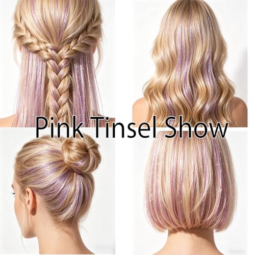 Celinebella Bubblegum Pink Hair Tinsel, 48" 1250 Strands Bright Shimmer | Vibrant hot pink bubblegum tone, youthful energetic, heat resistant, great for prom concerts birthday parties events - color: 01-Bubblegum Pink, size: 48 Inch Pack of 5Pcs