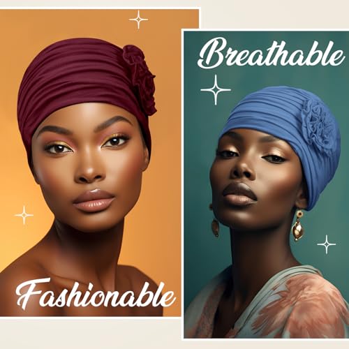JenPen 4 Pcs Cotton Chemo Headwear for Women Turban Soft Cancer Head Scarf Hats Beanie Elastic Hair Wraps - color: Black, Gray, Wine Red, Blue