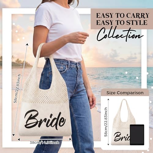 Shinylin Personalized Crochet Tote Bag for Beach Women Beige Mesh Knit Shoulder Bag Boho Aesthetic Tote for Women - style: Bride