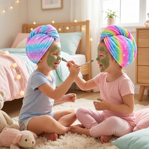 Basumee Microfiber Hair Towel Wrap for Kids 2 Pack Rapid Drying Hair Towel with Button Hair Turbans for Wet Hair Wraps Head Towel Wrap for Women and Girls, Rainbow - color: Rainbow