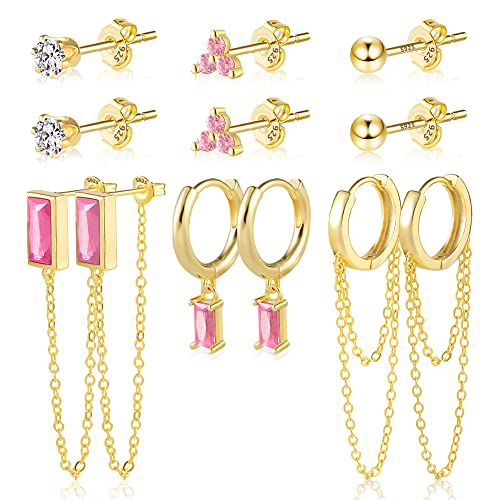 BOUTIQUELOVIN 14K Gold Stud Earrings Set for Women, for Multiple Piercing Silver Plated Studs Earrings and Zirconia Earring Set Small Huggie Hoop Chain Earing - color: 6Pairs Pink