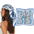 AWAYTR 27.5” Square Satin Head Scarf Hair Scarf for Women's Hair Silk Bandana for Women Silk Head Wrap for Sleeping - color: Cashew Print (Blue)