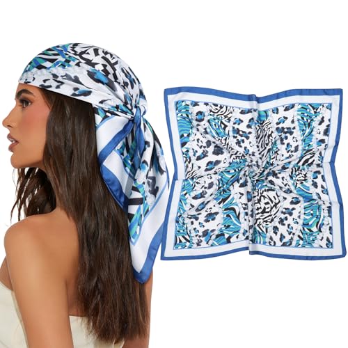 AWAYTR 27.5” Square Satin Head Scarf Hair Scarf for Women's Hair Silk Bandana for Women Silk Head Wrap for Sleeping - color: Cashew Print (Blue)