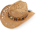 Straw Cowboy Hat, Western Cowgirl Hat, Wide Brim Sun Beach Hat for Men and Women - color: Khaki-m27