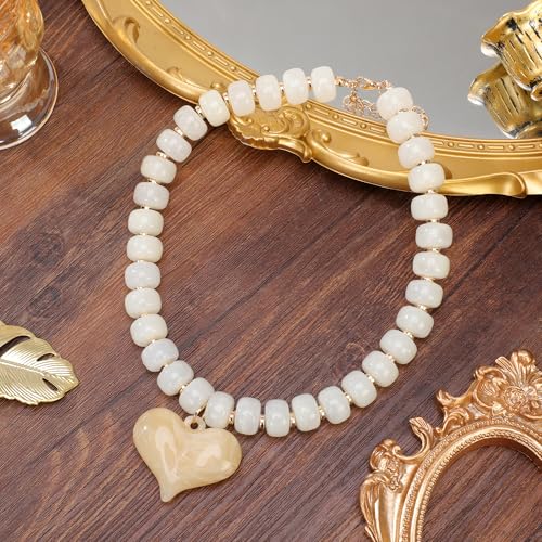 Chunky Colorful Beaded Statement Boho Summer Beach Chokers Necklace Heart Pendant Pink Green Yellow Brown Fashion Jewelry - color: Gold-white2