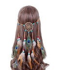 Women Lady Bohemian Peacock Feather Headband Dreamcatcher Headdress Hippie Headpiece Headwear Handmade Tribal Indian Fascinator Feather Hairband Hair Accessories - color: brown