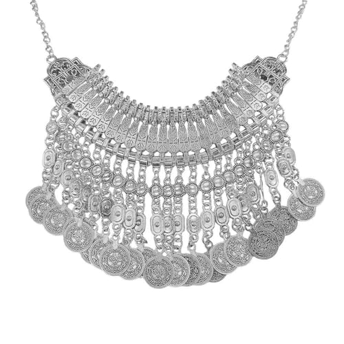 Vintage Tassel Coin Collar Bib Statement Necklace for Women Men Ancient Gold Silver Retro Engraved Exaggerated Short Chunky Boho Choker Ethnic Gypsy Tribal Clavicle Chain Pendant Costume Party Jewelry - color: Ancient Silver