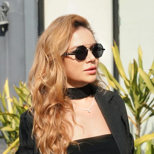 FEISEDY Aviator Sunglasses for Men Women, Retro Steampunk Gothic Round Metal Frame Hippie Glasses B2351 - color: Black Frame With Gray Lenses and Black Temples