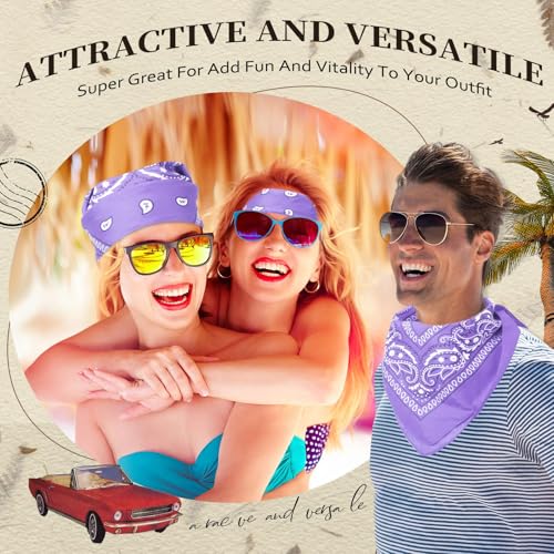 Suhine 12 Pcs Bandanas Bulk for Women Men 22 x 22 Inch Paisley Headband Cowboy Handkerchief Summer Beach Party Costume - color: Light Purple