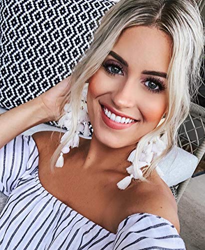 Long Tassel Earrings for Women Colorful Fringe Drop Dangle Earrings Bohemian Hawaiian Summer Beach Jewelry for Womens Vacation Outfits - color: White