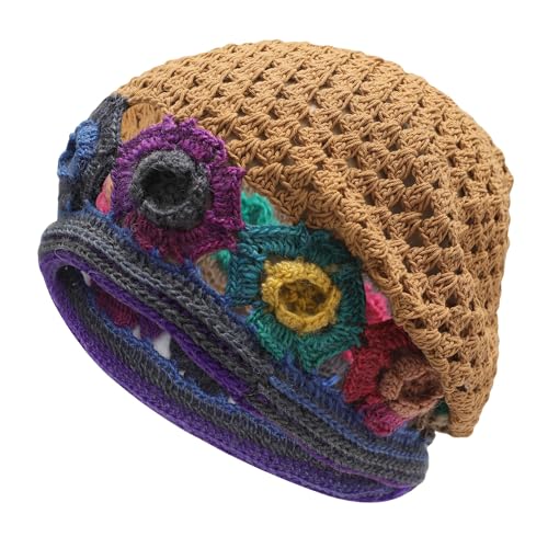 ZLYC Women Cotton Crochet Slouchy Beanie Hat Handmade Knit Summer Skull Cap - color: Colorful Flower Shiny Brown