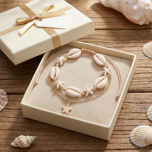 Boho Beads Beach Layered Anklet Set for Women, Handmade Gold Starfish Pearl Shell Anklets Summer Ocean Accessories Jewelry Gift - color: Shell Star