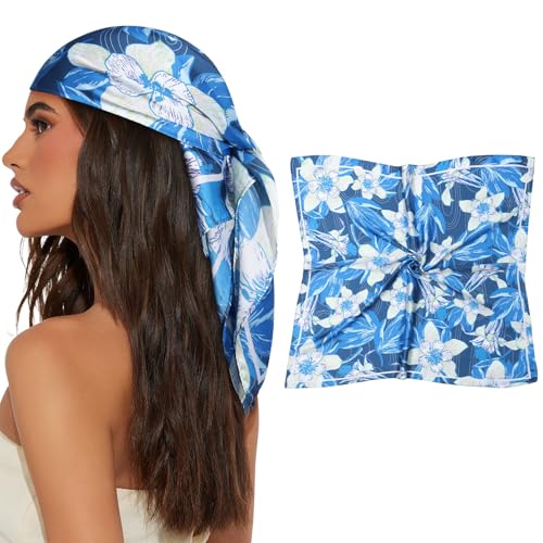 AWAYTR 27.5” Square Satin Head Scarf Hair Scarf for Women's Hair Silk Bandana for Women Silk Head Wrap for Sleeping - color: Flower (Blue)