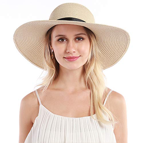 Double Couple Womens Straw Hat Wide Brim Floppy Beach Sun Hat for Women UPF 50+ Adjustable Strap Vacation - color: Bowknot&light Khaki