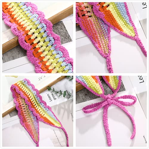 CHLINS Hairband, 3PCS Crochet Headband Women Floral Hairband - Elastic Handmade Crochet Head Wrap Bohemian knit Headband for Women and Girls(Rainbow, Beige, Dark Coffee) - color: Rainbow+Beige+Dark Coffee
