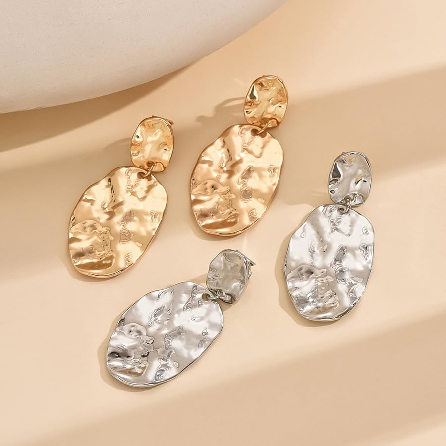 Chunky Irregular Geometry Clip On Earrings for Women, Matte Gold/Silver Retro Oval Dangle Drop Clip Earrings Non Pierced Clips Stetement Jewelry Gifts - color: Gold