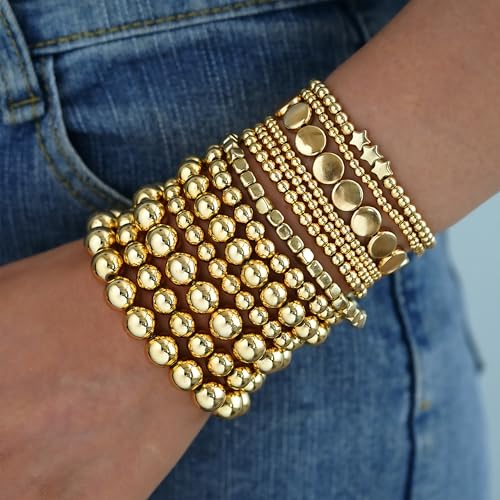 ÌF ME 16 PCS Gold Bead Bracelet for Women, Gold Beaded Stretch Plated Stackable Strand Bead Ball Bracelets stack Adjustable Jewelry Set for Gifts - color: 13 PCS Gold