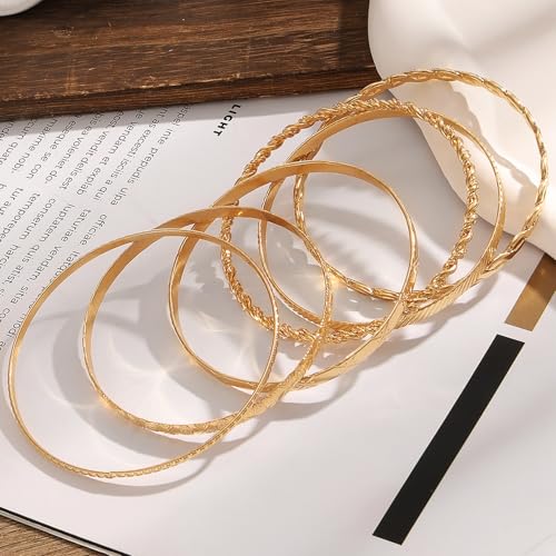 IFKM Gold Chain Bracelets Set for Women, 14K Gold Plated Multiple Layered Stackable Open Cuff Bangle Bracelet Anklet Bracelets Adjustable Link Tennis Beads Italian Cuban Jewelry for Women Gift - style: 6PCS Stack