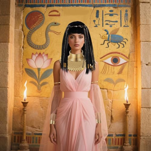 Yunlly 6 Pcs Egyptian Queen Costume Set for Women Black Braided Wig Gold Snake Headpiece Bib Necklace Choker Set Face Veil Arm Cuffs for Halloween