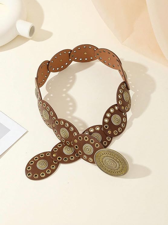 Western Chunky Wide Disc Belt for Women Boho Hollow PU Leather Waist Cowgirl Belt for Dresses Jeans with Metal Buckle - color: Brown