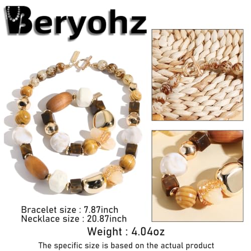 Beaded Gold Statement Necklace for Women Boho Mixed Metal Collar Necklace Bracelet Set Summer Vacation Jewelry（BN-ST109-Golden-）