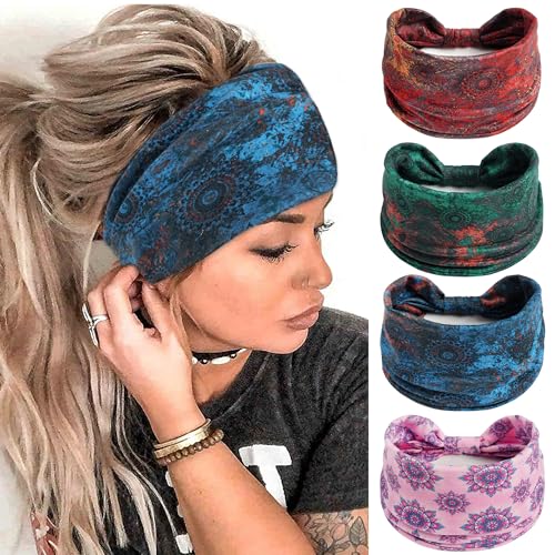 FULZTEY Boho Headbands for Women Fashion Wide Head Bands Floral Print Headwrap Large African Knot Turban Elastic Non Slip Workout Yoga Sweat Hairband Soft Cotton Bandanas for Hair Accessories 4Pcs - color: Style 116