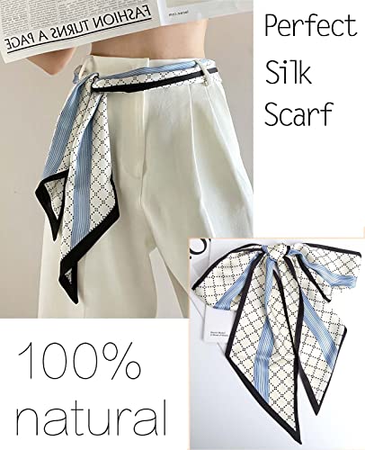 kcctoo 59" Mulberry Silk Like Head Scarf Women's Fashion Square Neck Satin Scarfs for Bag Hair Scarves Gift 59 * 5.9” - color: I05-blue Black /Plaid