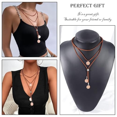 Stagecoach Festival Outfits for Women Boho Leather Necklace with Coin Pendants Long Cowgirl Western Jewelry for Women Country Concert Outfits Accessories - color: A2：Brown