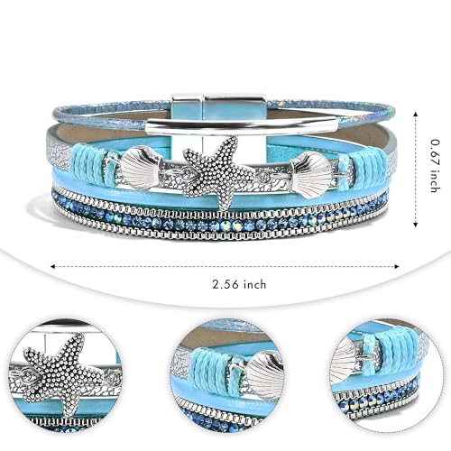 VIBILIA Boho Leather Wrap Bracelets for Women Multi-Layer Bracelets with Strong Clasp Jewelry for Women - color: 04-ShellStarfish-Blue