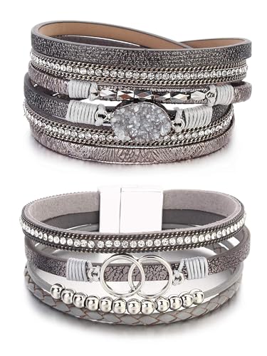 Long tiantian Leather Bracelets for Women Warp Bracelet Stackable Boho Layered Bracelet Chunky Heart Trendy Birthday Gifts for Her - color: B27:2 Beaded Bracelets Set for Women(Silver)