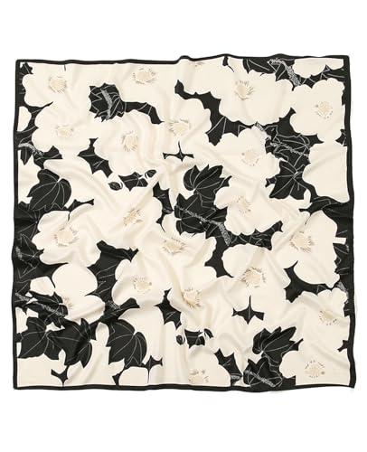 Hioyiwse Head Scarf For Women Hair Bandana 35" Large Square Satin Wrap Sleeping Neck Silk Satin Hair Scarves Lightweight - color: F15-white Flowers and Black Leaves(35*35inch）