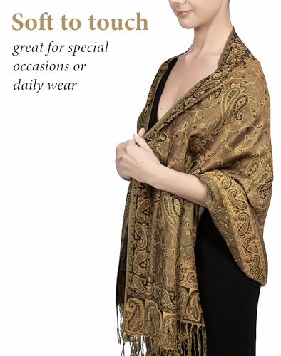 Achillea Reversible Paisley Pashmina Rave Scarf – Exotic Indian Shawls and Wraps for Evening Dresses, Festivals, All Seasons - color: Bronze