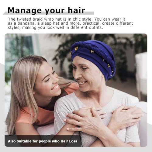 African Women Turban Caps Pre-Tied Twisted Turbans Head Scarf for Women Hair Wraps Cover Beanie Cancer Chemo Headwear - color: 1 Pack Twisted Braid: Gold Bead Blue