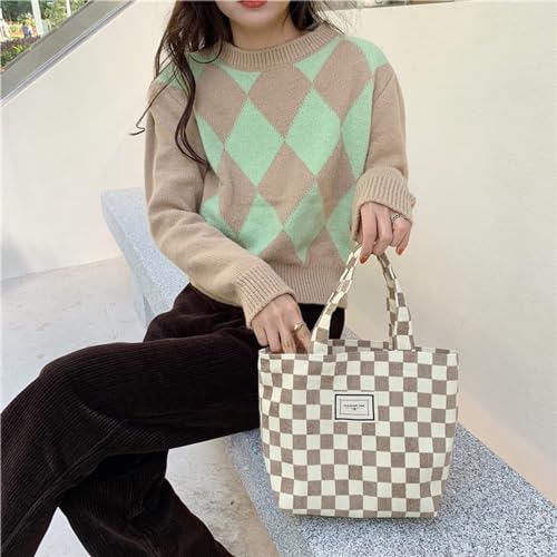 Kovewon 2PCS Corduroy Small Tote Bag for Women Cute Checkerboard Mini Tote Bag Preppy Aesthetic Reusable Bags for Grocery, Essentials, Water Bottle, Keys - color: Brown