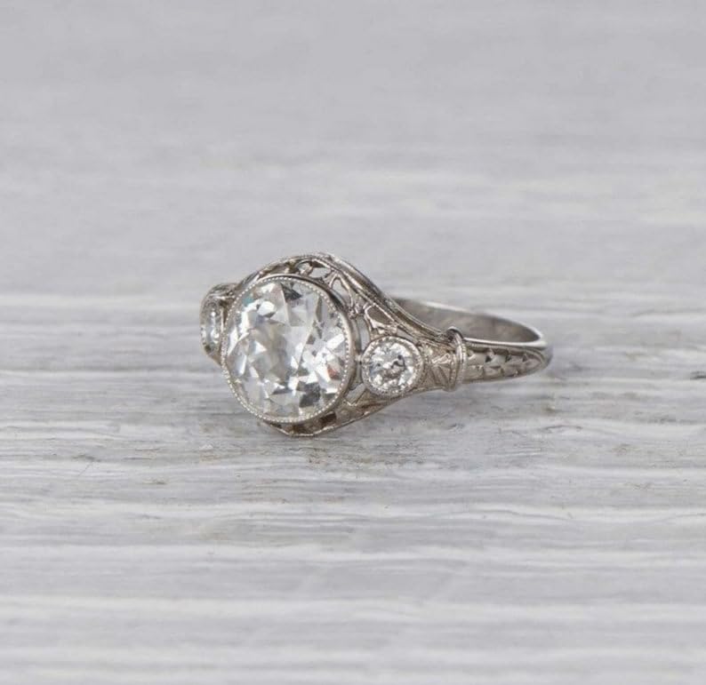 SILVERIST 1930s Old European Cut Diamond Edwardian Engagement Ring Antique Vintage Style Victorian Anniversary Ring For Her 925 Sterling Silver Handcrafted Trilogy Retro Iconic Art Deco Inspired Ring