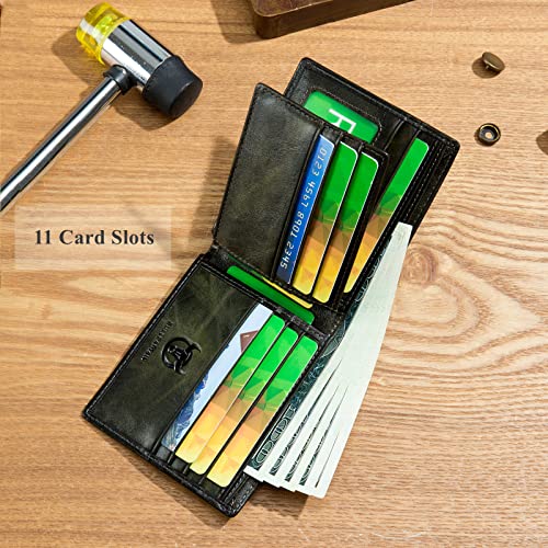 BULLCAPTAIN RFID Wallets for Men,Genuine Leather Wallet QB-05（Forest Green | Slim,Bifold,Front Pocket Wallet, 2 ID Windows,11 Card Slots,RFID Blocking TechnologyGift Choice - color: Forest Green