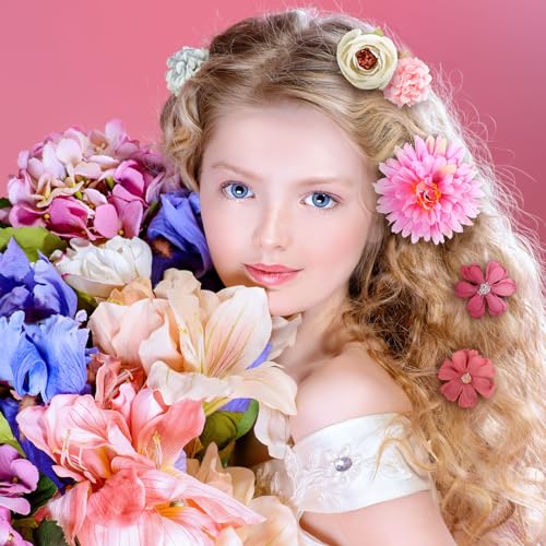 BBTO 21 Pcs Flower Hair Clip Rose Hair Clips Barrettes for Women Flower Accessories Boho Bride Claw Clip Hairpin Brooch Pin Headpiece for Wedding (Multicolor) - color: Multicolor