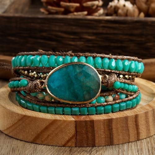 Women Wrap Bracelet Boho Natural Jasper Crystal Stone Beads Strand Bracelets - color: Green #2